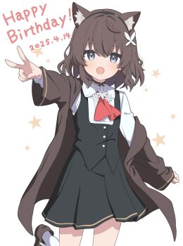 Rule 34 | 1girl, animal ear fluff, animal ears, ascot, black skirt, black vest, borrowed character, brown coat, brown hair, cat ears, cat girl, cat tail, coat, foulo paints, grey eyes, happy birthday, highres, kurioshi fio (satou (3366 s)), long sleeves, looking at viewer, off shoulder, open clothes, open coat, open mouth, original, red ascot, shirt, short hair, simple background, skirt, star (symbol), star symbol background, tail, v, vest, white background, white shirt