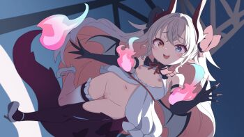 Rule 34 | 1girl, ben awa, blue eyes, breasts, colored inner hair, commentary, dragon girl, dragon horns, dragon tail, dragon wings, dress, fang, full body, heterochromia, high heels, highres, horns, indie virtual youtuber, long hair, multicolored hair, navel, nipples, open mouth, orange hair, pointy ears, second-party source, shoes, skin fang, small breasts, smile, solo, tail, vaipyre (vtuber), very long hair, white dress, white hair, white shoes, wings, yellow eyes