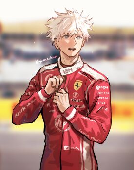 1boy absurdres alternate_costume alternate_universe blue_eyes blurry blurry_background commentary cowboy_shot english_commentary formula_one gojou_satoru highres jujutsu_kaisen jumpsuit long_sleeves looking_to_the_side male_focus open_mouth red_jumpsuit short_hair smile solo twitter_username white_hair yulicechan