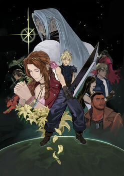 3girls 5boys absurdres aerith_gainsborough aircraft airship animal animal_earrings arm_tattoo armor ascot baggy_pants barret_wallace beard belt black_bra black_coat black_hair black_shirt blonde_hair blue_eyes blue_jacket blue_shirt body_markings boots bra bracelet braid braided_ponytail brown_belt brown_boots brown_gloves brown_hair brown_vest buster_sword choker cid_highwind claws cloak closed_eyes closed_mouth coat commentary_request dark-skinned_male dark_skin dog_tags dress facial_hair facial_mark facial_scar falling_petals feather_hair_ornament feathers final_fantasy final_fantasy_vii final_fantasy_vii_rebirth final_fantasy_vii_remake fingerless_gloves flower flower_choker full_body gloves goggles goggles_on_head gold_bangle green_eyes green_shirt grey_hair hair_between_eyes hair_ornament hair_ribbon hair_slicked_back headband highres highwind holding holding_sword holding_weapon interlocked_fingers jacket jewelry korean_commentary light_smile lily_(flower) long_hair maid_headdress materia multiple_belts multiple_boys multiple_bracelets multiple_girls newb_ff7r open_mouth outstretched_hand own_hands_clasped own_hands_together pants parted_bangs parted_lips pauldrons petals pink_dress pink_ribbon praying red_cloak red_eyes red_headband red_jacket red_xiii ribbed_shirt ribbon scar scar_on_cheek scar_on_face sephiroth shirt short_hair shoulder_armor shuriken sidelocks silver_bangle single_braid single_pauldron sleeveless sleeveless_turtleneck spiked_hair straight_hair suspenders sword tattoo tifa_lockhart torn_clothes turtleneck underwear upper_body very_short_hair vest vincent_valentine weapon white_ascot white_shirt yellow_flower yellow_petals yuffie_kisaragi