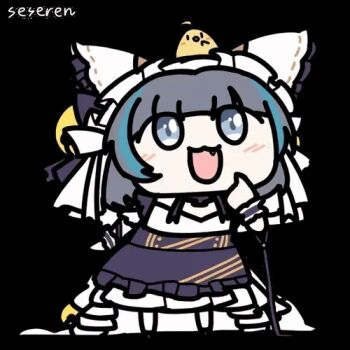 1girl animal animal_on_head animated animated_gif azur_lane baby_animal bird bird_on_head cheshire_(azur_lane) chick chick_on_head fang lowres manjuu_(azur_lane) on_head open_mouth seseren short_hair