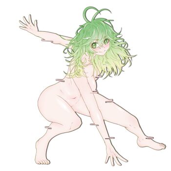 1girl absurdres blush boku_no_hero_academia breasts closed_mouth commentary completely_nude gradient_hair green_eyes hagakure_toru highres large_breasts long_hair looking_at_viewer messy_hair multicolored_hair navel nude ringed_eyes simple_background solo white_background zaguromaru