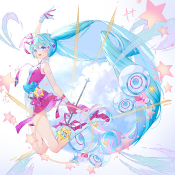1girl absurdres aqua_ribbon arm_up belt boots breasts cloud collared_dress commentary_request dress full_body gloves gradient_hair hair_between_eyes hair_ornament hatsune_miku heart_ornament highres holding holding_wand knee_boots long_hair looking_at_viewer magical_mirai_(vocaloid) magical_mirai_miku magical_mirai_miku_(2022) medium_breasts microphone_wand multicolored_hair necktie official_alternate_costume official_alternate_hairstyle open_mouth pink_dress pink_gloves pink_hair pink_necktie pink_ribbon radio_antenna ribbon rocket_ship shirt sleeveless sleeveless_shirt smile solo spacecraft star_(symbol) star_hair_ornament streaked_hair thigh_strap twintails two-tone_dress two-tone_hair two-tone_necktie two-tone_ribbon very_long_hair vocaloid wand white_belt white_boots white_dress xiaoniaoyou_qing