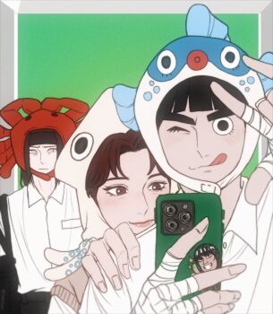 1girl 2boys bandaged_hand bandages black_hair black_headband blunt_bangs bowl_cut brown_eyes brown_hair brown_sweater_vest character_sticker collared_shirt crab_hat fish_hat furrowed_brow gon012607 green_background grey_eyes grin hand_on_another&#039;s_shoulder hat headband highres holding holding_phone hyuuga_neji light_frown long_hair might_guy multiple_boys naruto_(series) no_pupils one_eye_closed parted_bangs phone rock_lee shirt short_hair smile sparkle squid_hat sticker sweater_vest teeth tenten_(naruto) thick_eyebrows tongue upper_body white_shirt