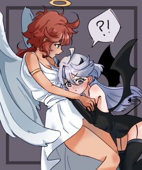 !? 2girls absurdres angel angel_and_devil angel_wings black_dress black_thighhighs black_vs_white blue_eyes blush closed_mouth commentary_request demon_girl demon_horns demon_tail demon_wings dress female_focus garter_straps grey_hair gundam gundam_suisei_no_majo halo highres horns korean_commentary long_hair miorine_rembran multiple_girls open_mouth otaku_pocky purple_background purple_eyes red_hair spoken_interrobang suletta_mercury tail thick_eyebrows thighhighs white_dress wings yuri
