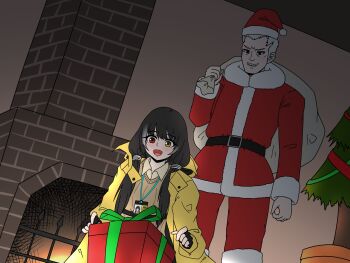 1boy 1girl absurdres aprf belt black_belt black_hair box brown_sweater christmas_tree collared_shirt commentary_request dutch_angle evil_grin evil_smile fingerless_gloves fireplace gift gift_box girls'_frontline gloves greyscale grin hat heterochromia highres holding holding_sack id_card indoors jacket lanyard long_hair monochrome multicolored_hair open_mouth pants red_eyes red_jacket red_pants ro635_(girls'_frontline) sack santa_costume santa_hat scene_reference shirt smile streaked_hair sweater twintails two-tone_hair white_hair yegor_(girls'_frontline) yellow_eyes yellow_jacket