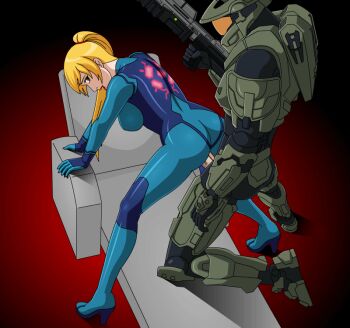 Rule 34 | 1boy, 1girl, animated, animated gif, arm support, armor, bent over, bodysuit, clothed sex, crossover, dakzky, halo (game), hetero, high heels, implied sex, latex, latex suit, master chief, metroid, nintendo, penis, pinoytoons, ponytail, samus aran, sex, sex through untorn clothes, uncensored, vaginal, weapon, zero suit