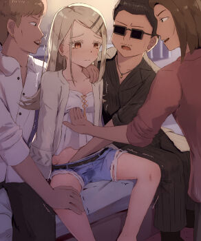 1girl 3boys breasts gakuen_idolmaster hair_ornament hairclip hand_under_clothes hetero highres idolmaster multiple_boys seneto shinosawa_hiro shorts sitting small_breasts sunglasses trembling
