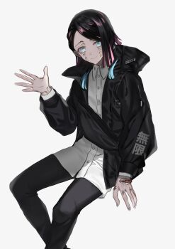 1boy :d alternate_costume arm_support asymmetrical_hair black_jacket black_pants blue_eyes buttons closed_mouth clothes_writing colored_tips commentary_request crossbody_bag demon_boy enmu_(kimetsu_no_yaiba) facial_mark fanny_pack feet_out_of_frame finger_tattoo hand_up high_collar highres invisible_floor jacket kanji_tattoo kimetsu_no_yaiba licking_lips looking_at_viewer luv_ufo male_focus medium_hair misplaced_mouth multicolored_hair open_clothes open_hand open_jacket open_mouth pants shirt shoulder_strap simple_background sitting smile solo symbol-shaped_pupils tattoo tears_facial_mark tongue tongue_out trap variant_set waving white_background white_shirt wing_collar zipper