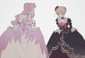 >_< 2girls :d beatrice_(umineko) black_choker blonde_hair blunt_bangs bow bowtie breasts brown_dress choker cleavage code_geass crossover double_bun donut_hair_bun dress euphemia_li_britannia finsuess flower hair_bun hair_flower hair_ornament highres large_breasts long_hair long_sleeves multiple_girls open_mouth pink_bow pink_bowtie pink_flower pink_hair purple_dress red_flower red_rose rose simple_background skirt_hold smile standing umineko_no_naku_koro_ni white_background xd