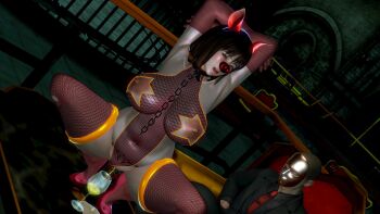 3d animal_ears arms_behind_head clothing_cutout collar cup exhibitionism female_pervert fishnet_legwear fishnet_leotard fishnets high_heels highleg highleg_leotard highres leash leotard mask nipple_cutout on_table pee peeing peeing_in_cup pervert pig pig_ears pig_girl pig_nose public_indecency squatting star_cutout table thighhighs tongue tongue_out