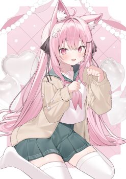 Rule 34 | 1girl, :3, :d, absurdres, ahoge, animal ear fluff, animal ears, black ribbon, blush, border, borrowed character, brown cardigan, cardigan, cat ears, cat girl, commentary, commission, dot nose, full body, green sailor collar, green skirt, hair between eyes, hair intakes, hair ribbon, hands up, highres, inuyayo, long hair, long sleeves, looking at viewer, neckerchief, no shoes, open cardigan, open clothes, open mouth, original, outside border, paw pose, pink hair, pink neckerchief, pleated skirt, red eyes, ribbon, sailor collar, school uniform, serafuku, shirt, sitting, skeb commission, skirt, smile, solo, thighhighs, wariza, white border, white shirt, white thighhighs