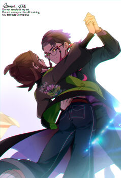 1boy 1girl bell-bottoms black-framed_eyewear black_hair black_jacket black_pants blush brown_eyes brown_hair closed_mouth commentary_request corbeau_(pokemon) dancing eyewear_strap glasses green_jacket hand_around_waist harmony_(pokemon) highres holding_hands jacket long_sleeves looking_at_another mitsuha_(bless_blessing) necktie nintendo open_clothes open_jacket open_mouth pants parted_hair pokemon pokemon_legends:_z-a purple_hair purple_shirt round_eyewear shirt short_hair short_sideburns smile undercut white_necktie white_shirt yellow_eyes