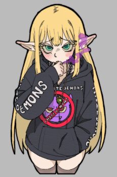 1girl black_hoodie black_sweater blonde_hair blush brown_thighhighs contemporary cowboy_shot cropped_legs electronic_cigarette from_above green_eyes hand_in_pocket highres holding holding_electronic_cigarette hood hooded_sweater hoodie jewelry long_hair necklace out_of_character pantsu-ripper pointy_ears raised_inner_eyebrows serie_(sousou_no_frieren) solo sousou_no_frieren sweater thighhighs vaping very_long_hair