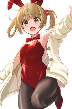 1girl animal_ears black_pantyhose bow bowtie breasts brown_hair cardigan collar covered_navel detached_collar fake_animal_ears fake_tail green_eyes hair_bobbles hair_ornament hibike!_euphonium high_heels leg_up leotard long_sleeves looking_at_viewer open_cardigan open_clothes open_mouth outstretched_arms pantyhose pc_fworks playboy playboy_bunny rabbit_ears red_bow red_bowtie red_footwear red_leotard short_hair small_breasts smile solo spread_arms standing standing_on_one_leg strapless strapless_leotard suzuki_satsuki tail twintails white_background white_cardigan white_collar