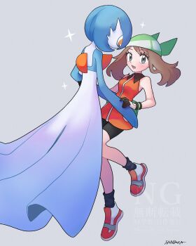 1girl absurdres alternate_color bandana bike_shorts black_shirt black_socks blue_eyes blush brown_hair commentary dress eyelashes full_body gardevoir gen_3_pokemon gloves green_bandana highres looking_at_viewer may_(pokemon) nintendo open_mouth orange_dress pokemon pokemon_(creature) pokemon_emerald pokemon_rse sandora_(karugamo_no_e) shiny_pokemon shirt short_hair sleeveless sleeveless_dress socks symbol-only_commentary