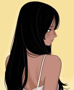 1girl back black_hair blunt_bangs brown_eyes closed_mouth commentary ghostieleeghost highres long_hair mole mole_on_back nico_robin one_piece simple_background solo spaghetti_strap twitter_username yellow_background