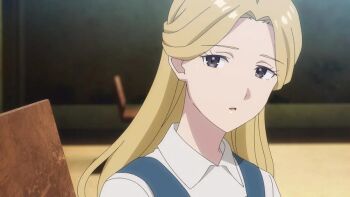 1girl blonde_hair elze_(unnamed_memory) grey_eyes long_hair looking_at_viewer open_mouth shirt talking unnamed_memory white_shirt