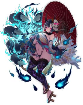 Rule 34 | 1girl, bare shoulders, black hair, blue flames, breasts, clawed gauntlets, glowing, glowing eyes, highres, horns, huge breasts, kyonyuu fantasy, kyonyuu fantasy burst, leggings, mask, navel, official art, oni, oni mask, red eyes, reiki (kyonyuu fantasy burst), short hair