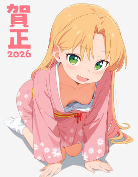 1girl 2026 absurdres annrichan blonde_hair breasts downblouse green_eyes grey_background highres japanese_clothes kimono loli long_hair looking_at_viewer nengajou new_year pink_kimono ruri_no_houseki simple_background small_breasts solo tabi tanigawa_ruri