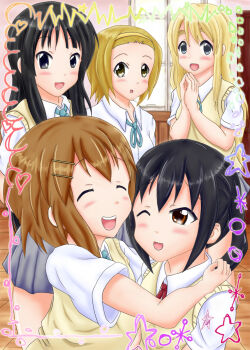Rule 34 | 5girls, akiyama mio, black eyes, black hair, blonde hair, blue eyes, closed mouth, day, dot nose, female focus, forehead, hair between eyes, hair ornament, hairclip, happy, headband, heart, highres, hirasawa yui, hug, indoors, k-on!, kotobuki tsumugi, long hair, multiple girls, nakano azusa, one eye closed, open mouth, ribbon, sakuragaoka high school uniform, shirt, short hair, short sleeves, skirt, standing, star (symbol), sweater vest, tainaka ritsu, teeth, tuyo, twintails, white shirt, wings, yellow headband