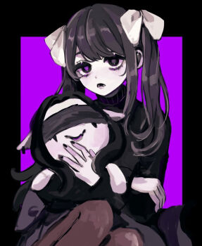 1girl alternate_costume bags_under_eyes black_eyes black_hair black_pantyhose black_sweater blindfold bow character_doll colored_skin doll fang follower_(identity_v) grey_pupils grey_skin hair_bow heterochromia hoge_(n8sss) identity_v looking_at_viewer pantyhose parted_lips purple_pupils solo sweater turtleneck twintails white_bow yidhra_(identity_v)
