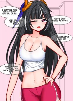 1girl aria_(sha_riac) black_hair breasts cleavage commentary english_commentary english_text hair_ornament highres honkai_(series) honkai_impact_3rd large_breasts leylah_(honkai_impact) looking_at_viewer midriff multicolored_hair navel one_eye_closed open_mouth pink_shorts purple_eyes shorts solo speech_bubble tank_top two-tone_hair white_hair white_tank_top