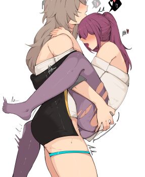1futa 1girl absurdres ahegao arnkun blush clothed_sex futa_with_female futanari grey_hair hair_over_eyes heart highres honkai:_star_rail honkai_(series) implied_futanari kafka_(honkai:_star_rail) off-shoulder_shirt off_shoulder pantyhose purple_hair purple_pantyhose sex shirt spoken_heart stelle_(honkai:_star_rail) suspended_congress sweat torn_clothes torn_pantyhose trailblazer_(honkai:_star_rail)