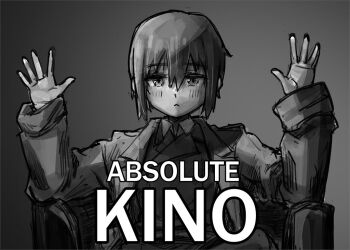 1girl :< absolute_cinema_(meme) armchair black_coat black_hair black_jacket blush chair closed_mouth coat collared_shirt commentary easy_chair english_commentary english_text greyscale hands_up jacket kino_(kino_no_tabi) kino_no_tabi meme monochrome on_chair raised_eyebrows shirt short_hair solo too_literal white_shirt yuroroo