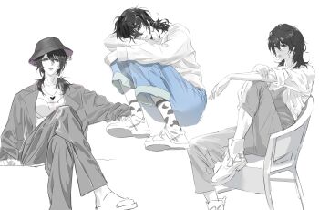 Rule 34 | 1girl, absurdres, animal print, ankle boots, blue pants, boots, bucket hat, chair, chinese commentary, closed mouth, commentary request, cow print, crossed legs, deren (path to nowhere), earrings, fold-over boots, hand on own arm, hat, head rest, heart, heart earrings, heart necklace, highres, jacket, jewelry, knee up, long sleeves, luori dianxin, medium hair, multiple views, necklace, on chair, open clothes, open jacket, overalls, pants, parted lips, path to nowhere, print socks, purple eyes, shoes, short sleeves, simple background, sitting, socks, spot color, sweater, white background