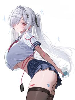 1girl absurdres alternate_costume ass bandaid bandaid_on_leg bent_over blue_sailor_collar blue_skirt breasts brown_thighhighs cellphone cinderella_(nikke) closed_mouth commentary cowboy_shot crop_top crop_top_overhang drink_carton earphones english_commentary from_side goddess_of_victory:_nikke hair_ornament hair_over_one_eye hair_ribbon hairclip highres holding holding_milk_carton large_breasts long_hair looking_at_viewer looking_to_the_side midriff milk_carton miniskirt navel neckerchief phone pleated_skirt red_eyes red_neckerchief ribbon sailor_collar school_uniform serafuku shirt short_sleeves simple_background skindentation skirt smartphone solo thighhighs thighs twintails underboob very_long_hair white_background white_hair white_shirt yamu_(yamu_030) zettai_ryouiki