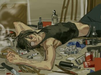 1boy alicelirmy black_eyes black_hair black_tank_top bottle cigarette easel expressionless highres holding holding_cigarette knee_up knife looking_at_viewer lying male_focus noose on_back on_ground one_eye_covered rope short_hair slow_damage smoke smoke_trail solo stomach tank_top toned toned_male towa_(slow_damage) wrist_cutting