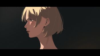 1girl bad_id bad_twitter_id blonde_hair eyes_visible_through_hair from_side hair_behind_ear highres letterboxed light_particles lips lipstick makeup nose original portrait profile short_hair solo suisui_suiro