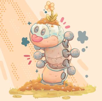 Rule 34 | alternate color, closed mouth, commentary, darkylights, flower, flower on head, grass, metal skin, nintendo, no humans, orthworm, pokemon, pokemon (creature), pokemon focus, shiny pokemon, soil, solo, star (symbol), tongue, tongue out, white flower