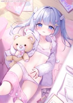 1girl bikini blue_eyes blue_hair bow bow_bra bow_panties bra choppy_bangs copyright_notice drawstring embarrassed feet_out_of_frame fingernails flat_chest hair_bow hair_intakes hair_ornament heart heart_hair_ornament heart_print holding holding_stuffed_toy hood hood_down hooded_jacket jacket loli long_sleeves looking_at_viewer lying medium_hair momochi_chia navel on_back on_floor open_clothes open_jacket original panties pink_shorts pom_pom_(clothes) print_bikini raised_inner_eyebrows short_shorts shorts solo star_(symbol) star_hair_ornament stomach striped_bra striped_clothes striped_panties stuffed_animal stuffed_toy swimsuit teddy_bear twintails underwear white_jacket wing_hair_ornament