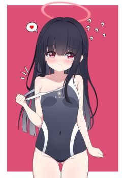 1girl absurdres black_hair black_one-piece_swimsuit blue_archive blunt_bangs blush breasts cleavage clothes_pull competition_school_swimsuit covered_navel flying_sweatdrops gluteal_fold halo heart highres justice_task_force_member_(blue_archive) loli long_hair off_shoulder one-piece_swimsuit one-piece_swimsuit_pull poorunii red_eyes red_halo school_swimsuit small_breasts solo spoken_heart sweatdrop swimsuit tears thigh_gap thighs trinity_general_school_swimsuit very_long_hair
