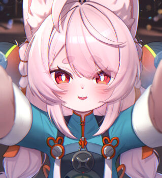 1girl animal_ear_fluff animal_ears blush braid commentary_request furry furry_female hair_ornament long_hair long_sleeves looking_at_viewer open_mouth pink_hair red_eyes solo sphere_hair_ornament thick_eyebrows twin_braids uneg zenless_zone_zero zhao_(zenless_zone_zero)