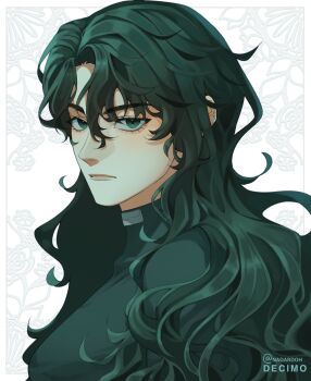 1girl aegyo_sal black_eyes black_hair black_shirt breasts genderswap genderswap_(mtf) hair_over_shoulder high_collar highres long_hair looking_at_viewer nadardoh official_alternate_costume omniscient_reader&#039;s_viewpoint serious shirt solo upper_body wavy_hair yoo_joonghyuk