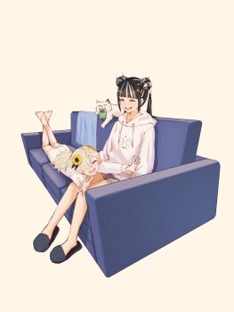 2girls absurdres black_hair black_slippers blonde_hair blunt_bangs cat closed_eyes commentary_request couch double_bun drawstring feet_up flower hair_bun hair_flower hair_ornament hair_over_one_eye harusaruhi highres hood hoodie isekaijoucho kamitsubaki_studio lying multicolored_hair multiple_girls on_couch on_stomach one_eye_covered open_mouth parted_bangs short_shorts shorts simple_background sitting slippers streaked_hair sunflower sunflower_hair_ornament tsubu_(kappunioyu562) white_background white_hoodie