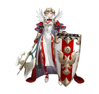 1girl absurdres armor axe battle_axe breasts cape cleavage cleavage_cutout closed_mouth clothing_cutout dress edelgard_von_hresvelg edelgard_von_hresvelg_(adrestian_emperor) edelgard_von_hresvelg_(adrestian_emperor)_(resplendent) edelgard_von_hresvelg_(timeskip) fake_horns feathers fingerless_gloves fire_emblem fire_emblem:_three_houses fire_emblem_heroes full_body gloves hair_ornament highres holding holding_axe holding_shield horns long_hair looking_at_viewer makimura_shunsuke medium_breasts nintendo official_alternate_costume official_art pantyhose pelvic_curtain purple_eyes red_cape red_gloves red_pantyhose shield side_slit simple_background solo weapon white_background white_dress white_hair