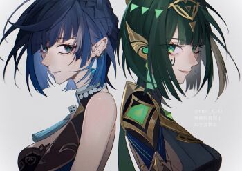 2girls ancient_egyptian_clothes asymmetrical_bangs bare_shoulders behind_another blue_hair blunt_bangs bob_cut center_opening closed_mouth dress earrings facial_mark bad_tag from_side genshin_impact green_eyes green_hair grey_background hair_ornament headpiece highres jewelry light_smile multiple_girls nefer_(genshin_impact) parted_lips pink_lips shino_(moi_0142) short_hair simple_background standing upper_body watermark yelan_(genshin_impact)