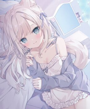 1girl animal_ear_fluff animal_ears bare_shoulders bow breasts brown_hair cleavage closed_mouth commentary_request computer computer_tower dress frilled_dress frills grey_eyes grey_jacket hair_bow hands_up highres hoshi_(snacherubi) indoors jacket long_hair long_sleeves looking_at_viewer lying monitor on_side open_clothes open_jacket original pinching_sleeves puffy_long_sleeves puffy_sleeves purple_bow sleeves_past_wrists small_breasts smile solo tail very_long_hair white_dress