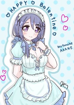 Rule 34 | 1girl, absurdres, apron, aqua background, aqua dress, arm behind back, artist name, assault lily, blue bow, blue bowtie, blue gem, blue hair, blue ribbon, blush, bow, bowtie, breasts, character name, cleavage, closed mouth, collared dress, commentary, cowboy shot, dress, frilled apron, frilled dress, frilled sleeves, frilled wrist cuffs, frills, gem, hair between eyes, hair ornament, hair ribbon, hairclip, hand on own chest, hand up, happy valentine, heart, highres, large breasts, long hair, looking at viewer, low twintails, maid, maid headdress, misau, official alternate costume, polka dot, polka dot background, puffy short sleeves, puffy sleeves, purple eyes, ribbon, ribbon-trimmed dress, ribbon trim, short sleeves, smile, solo, standing, twintails, typo, waist apron, watanabe akane, white apron, wrist cuffs