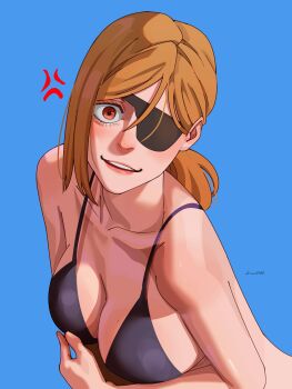 1girl absurdres black_bra blush bra breasts brown_hair commentary drawink english_commentary eyepatch highres jujutsu_kaisen kugisaki_nobara lingerie ponytail red_eyes solo underwear underwear_only upper_body