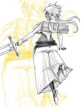 01leteo 1girl bleach breasts cropped_jacket espada female_focus full_body highres holding holding_sword holding_weapon hollow_mask large_breasts looking_back mask medium_hair simple_background sword tier_harribel underboob weapon white_background