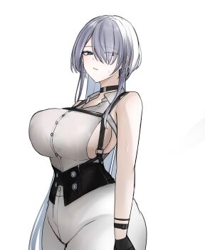 Rule 34 | 1girl, absurdres, bare shoulders, black corset, black gloves, blue eyes, breasts, brid (nikke), brid (silent track) (nikke), chest harness, corset, earrings, eyes visible through hair, gloves, goddess of victory: nikke, hair over one eye, harness, highres, hoop earrings, jewelry, large breasts, long hair, looking to the side, pants, parted lips, rebanira0330, sideboob, sideless shirt, simple background, solo, standing, suspenders, sweat, tight clothes, tight pants, very long hair, white background, white pants