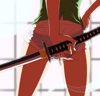 1girl arm_behind_back ass blurry blurry_background close-up female_focus fingernails from_behind gluteal_fold hand_on_own_hip holding holding_weapon katana kikunosukemaru konpaku_youmu konpaku_youmu_(ghost) leg_focus lower_body no_pants panties reverse_grip see-through_clothes shorts solo sword thigh_focus thighs touhou underwear waist_down weapon white_panties