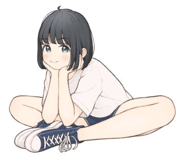 1girl 1ssakawaguchi black_eyes black_hair blue_shoes blue_shorts blunt_bangs blush butterfly_sitting closed_mouth cross-laced_footwear denim denim_shorts dot_nose full_body head_rest highres ichika_(1ssakawaguchi) looking_at_viewer md5_mismatch original resolution_mismatch shirt shoes short_hair short_sleeves shorts simple_background sitting smile solo source_larger t-shirt white_background white_shirt