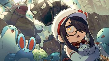 1girl ? black_hair bow bowtie center_frills character_request coin commentary_request elbow_gloves fangs frills gen_1_pokemon glasses gloves hair_over_one_eye hat highres indie_virtual_youtuber itou_life_(vtuber) long_hair nintendo onix open_mouth pokemon pokemon_(creature) red_bow red_bowtie rhydon sweat white_gloves white_hat wrbs yellow_eyes