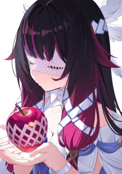 1girl absurdres apple bare_shoulders black_hair chinese_commentary closed_eyes closed_mouth columbina_(genshin_impact) commentary_request foam_net food fruit genshin_impact hair_ornament hands_up highres holding holding_food holding_fruit long_hair long_sidelocks nahaki purple_hair sidelocks solo upper_body white_background wing_hair_ornament
